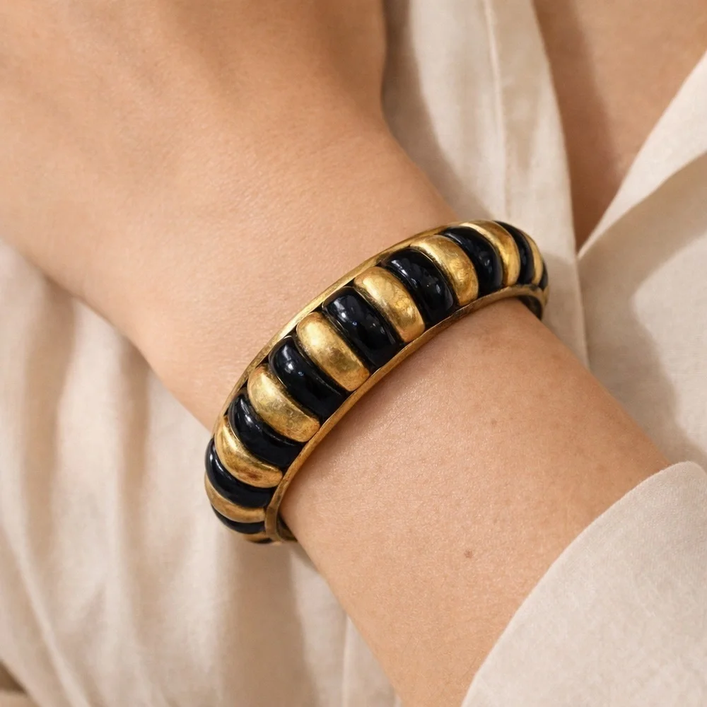 Vintage Gold & Black Chunky Bangle Bracelet | Statement Retro Jewelry