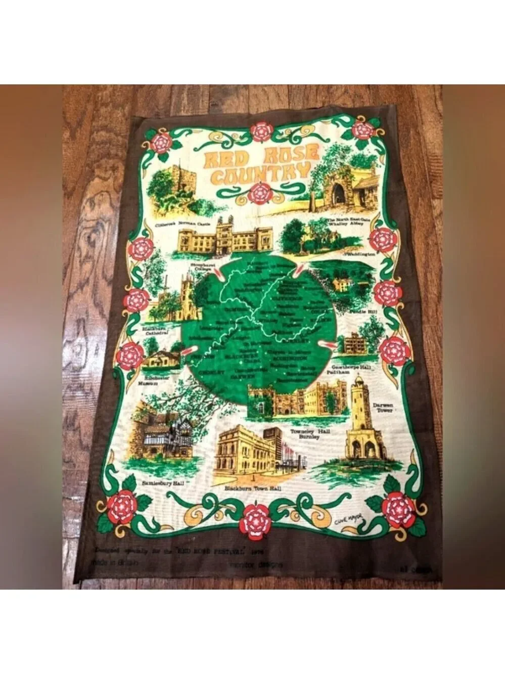 Red Rose Country Vintage  Tea Towel with historic Great Britain architecture