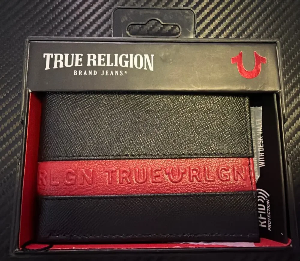 New True Religion Men's Genuine Leather Black Bifold Wallet RFID Red Stripe