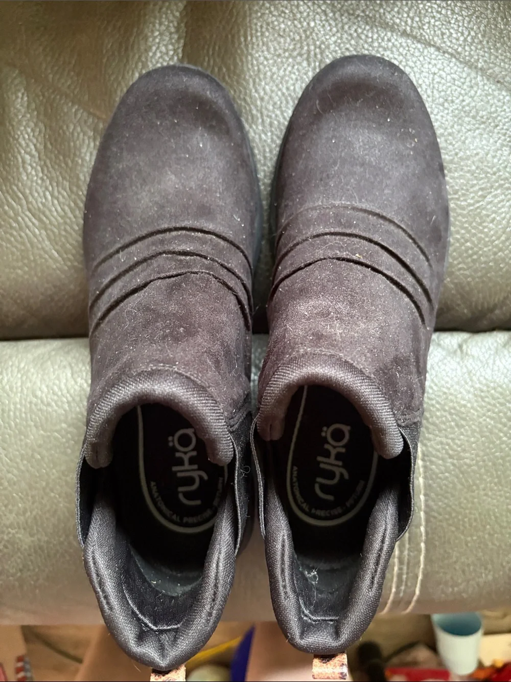 Ryka suede like slip on women’s boots with leopard back trim