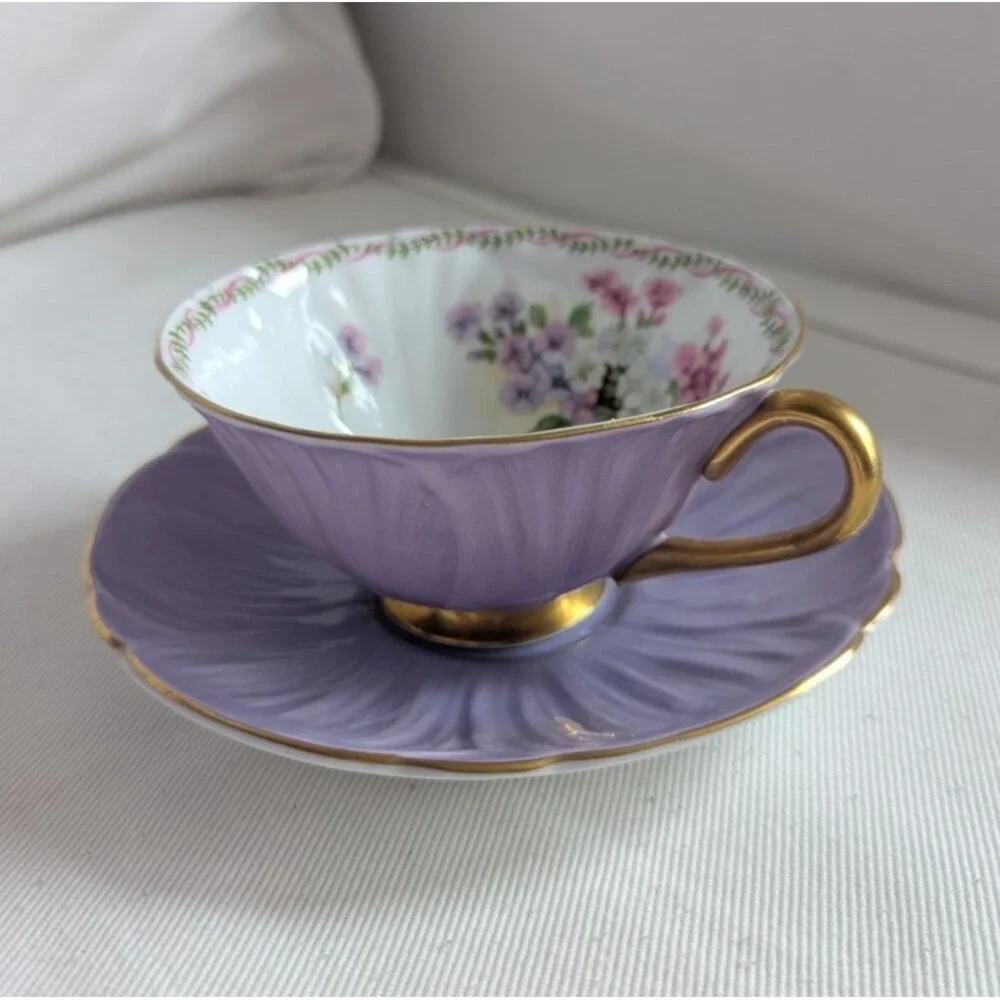 Vintage Shelley Bone China Wildflower Lilac Oleander Shape Tea cup & Saucer
