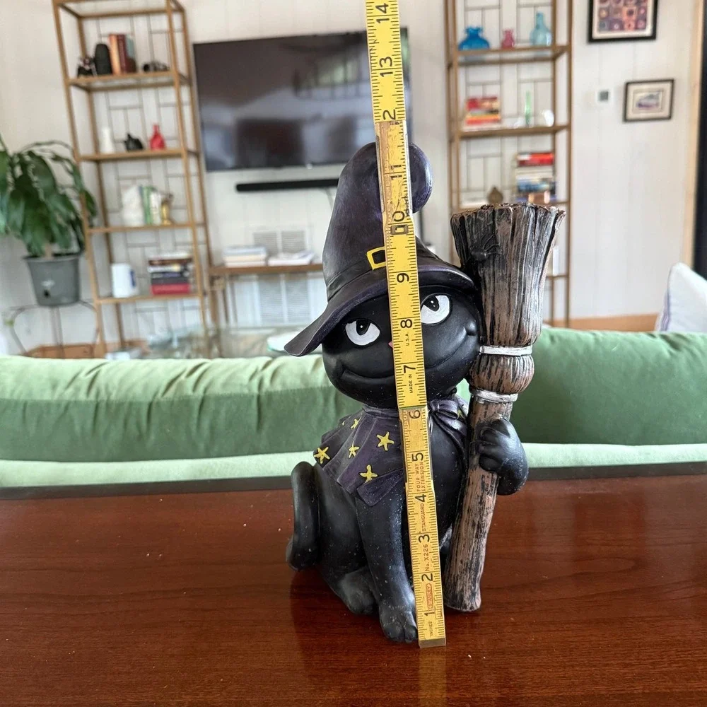 Unbranded Halloween Black Cat Witch Figurine Black Good Resin Broom Cape