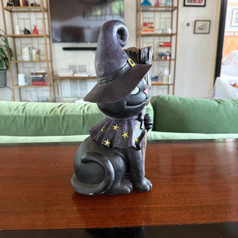 Unbranded Halloween Black Cat Witch Figurine Black Good Resin Broom Cape
