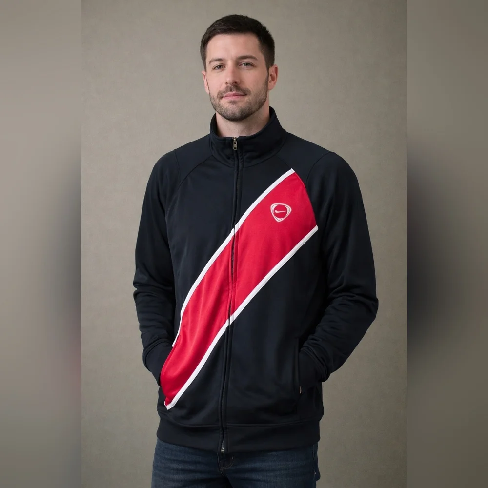 Nike Navy Red Track Full Zip Athletic Sportswear Swoosh Zip-Up Warm Up Jacket