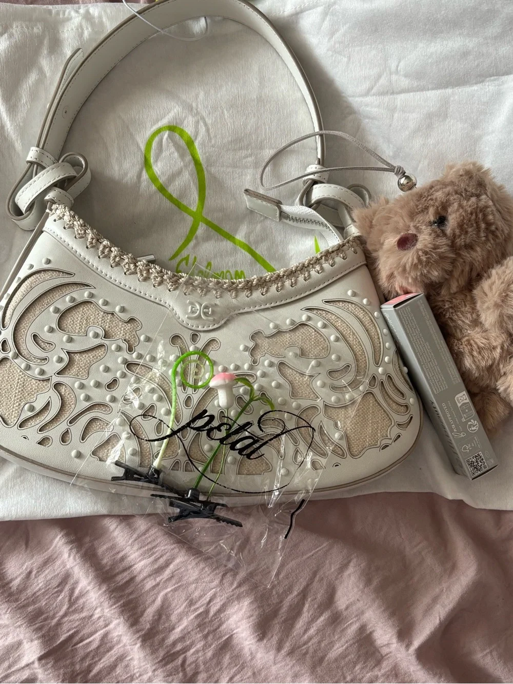 White Leather Shoulder Bag with Decorative Cutwork and Braided Trim