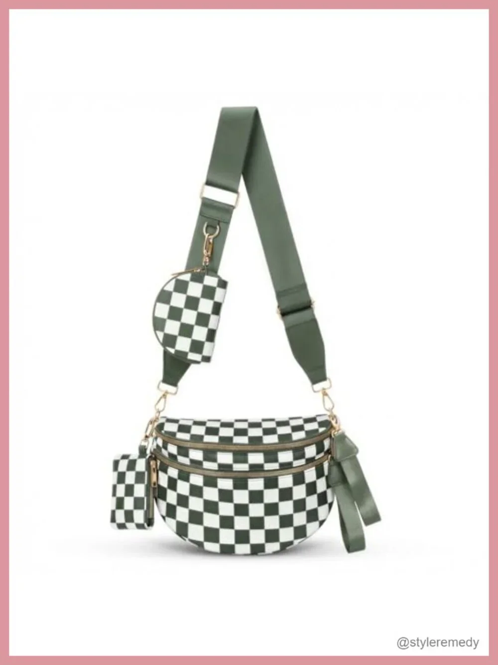 Large Checkered Nylon Crossbody Bag with RFID-Blocking Pouches Adjustable Strap