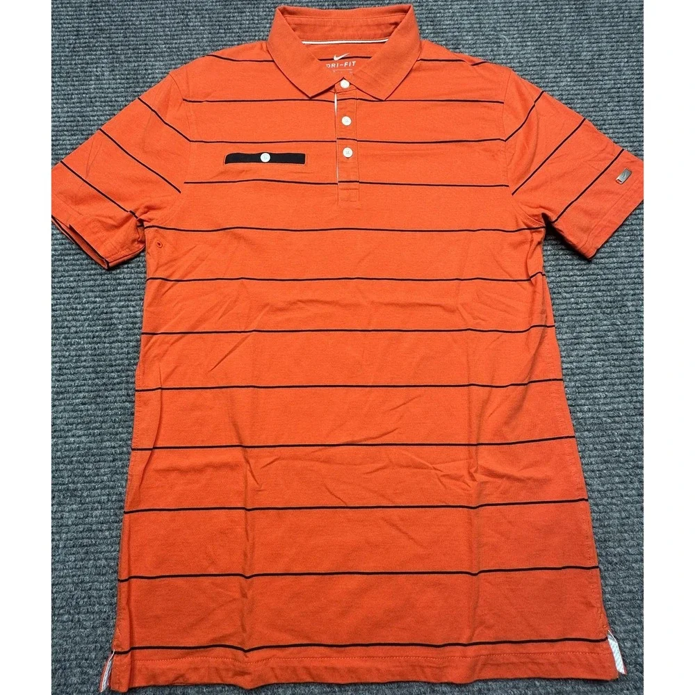 Nike‎ Polo Shirt Mens Small Orange Black Striped Dri-Fit Golf Performance