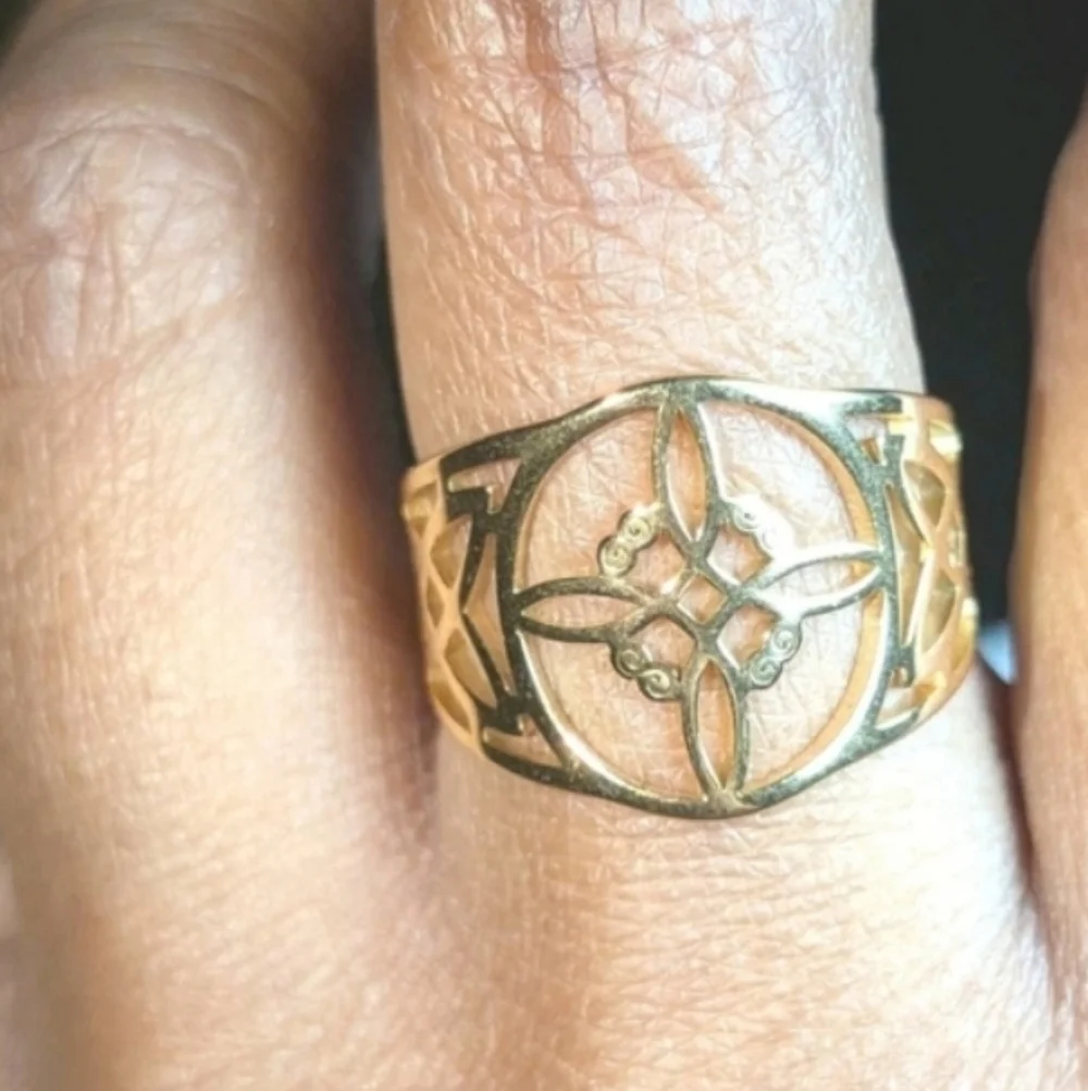 Witch Knot Golden Stainless Steel Ring For Women Wiccan Cross Celtic Knot Sz 8