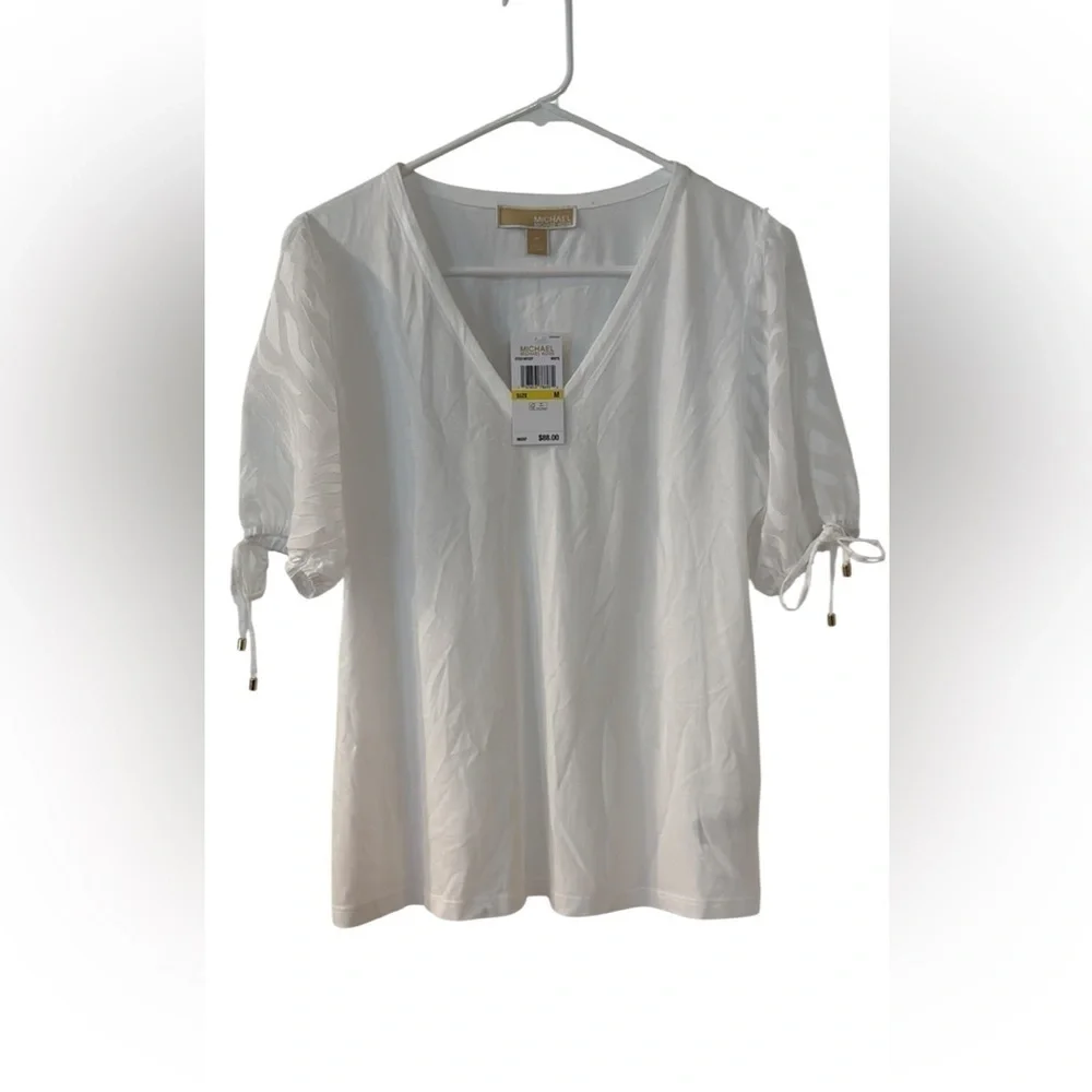 Michael Kors White V-Neck Blouse with Tie Sleeves