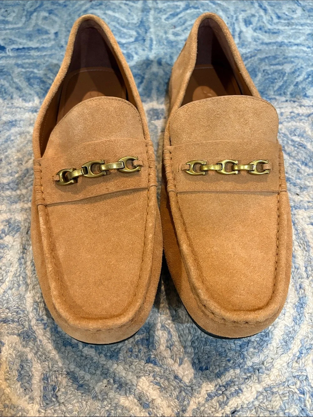 Coach Men's Suede Loafers in Tan with Gold Chain