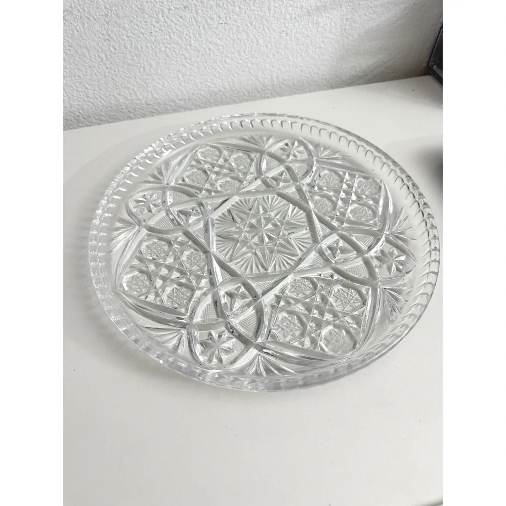 Vintage Heavy Cut Glass Round Platter Starburst Pinwheel Serving Tray 11.5 inch