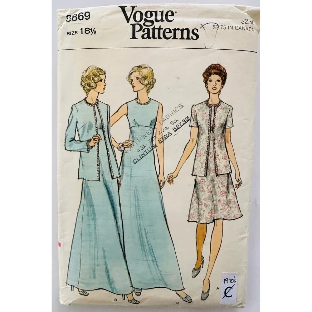 Vintage 70s Vogue 8869 PLUS Sz 18.5 Formal Dress & Jacket Pattern CUT.