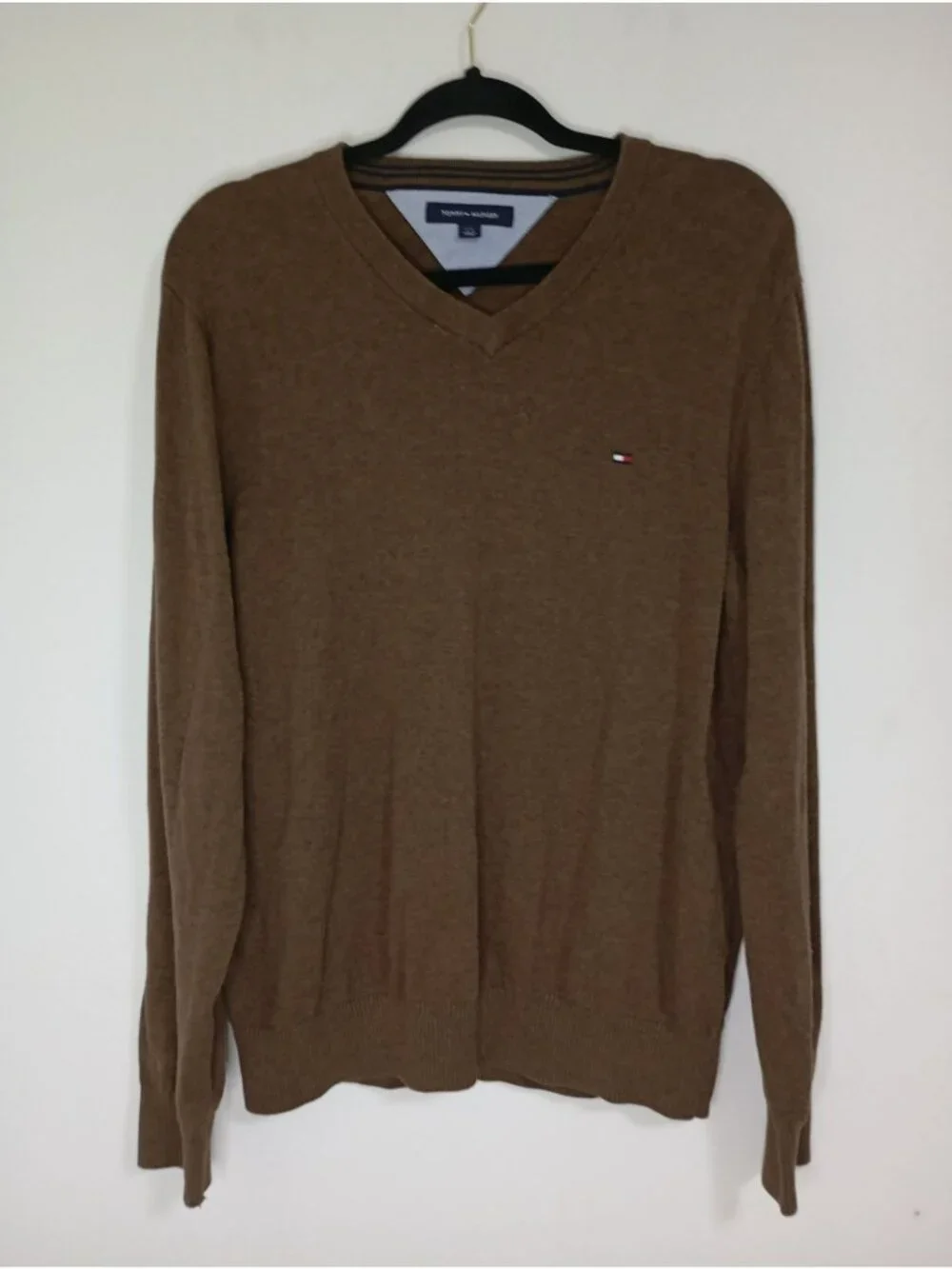 Tommy Hilfiger Sweater Mens Size L Brown V-Neck Long-Sleeve 100% Cotton