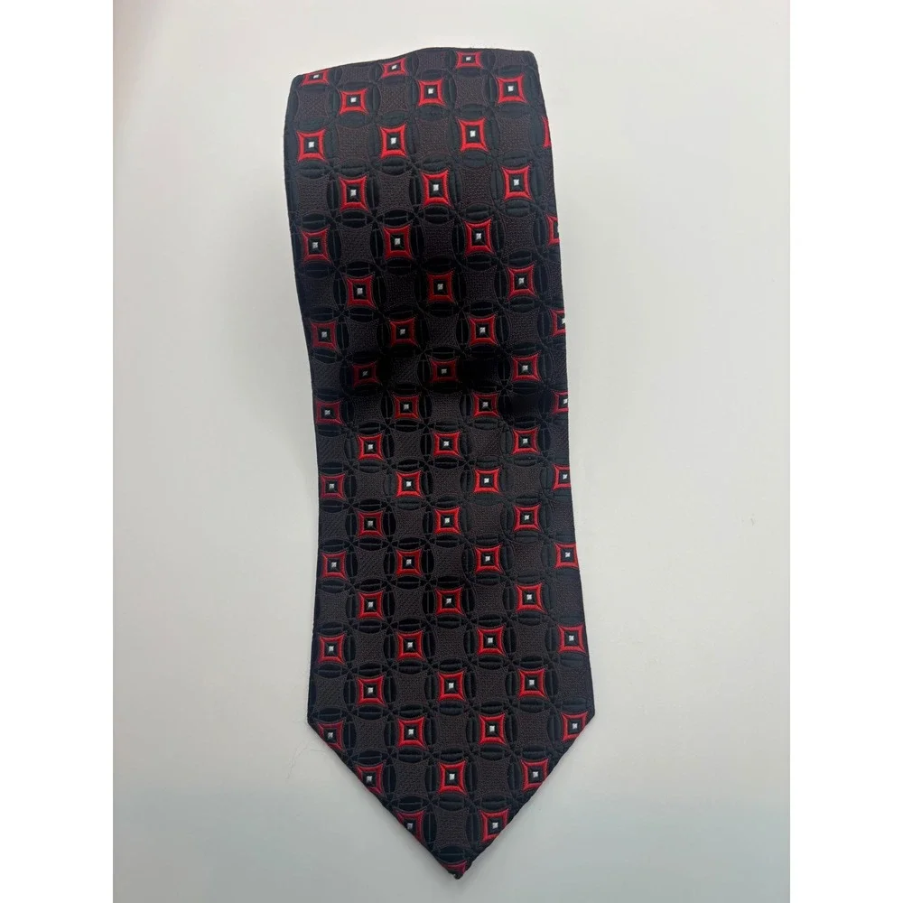 Valerio Garati Mens Geometric Necktie Red Black White Diamond Pattern Hand Made