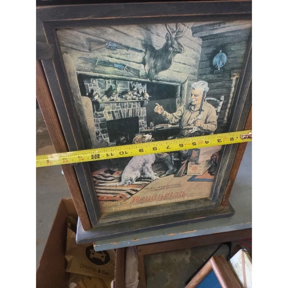 Remington Firearms Wood Wall Cabinet Vintage Hunting Scene Tin Door Storage Box