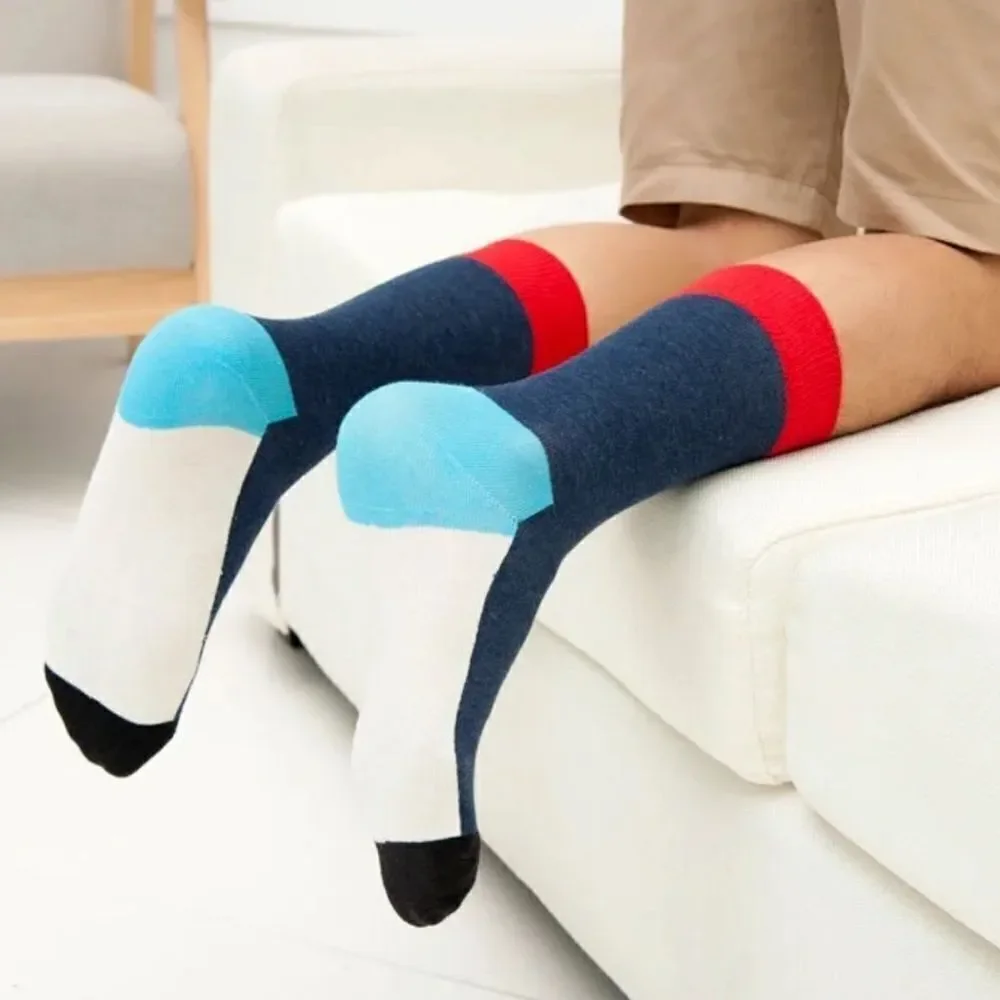 Men’s Red Blue White Colorblock Novelty Casual Dress Cotton Crew Socks One Size