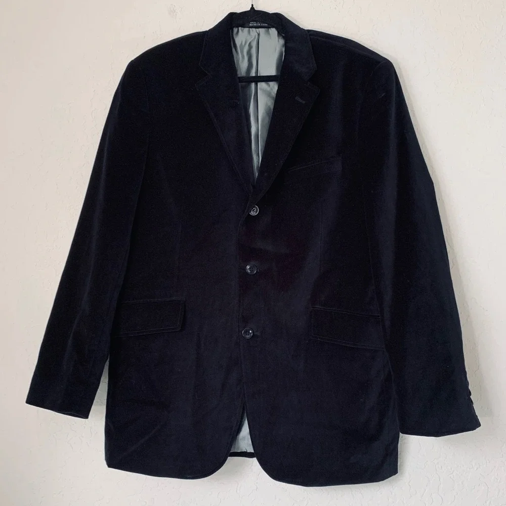 J. Ferrar Velvet Blazer Sport Coat Men M 38-40 Black Dark Academia Luxe Holiday