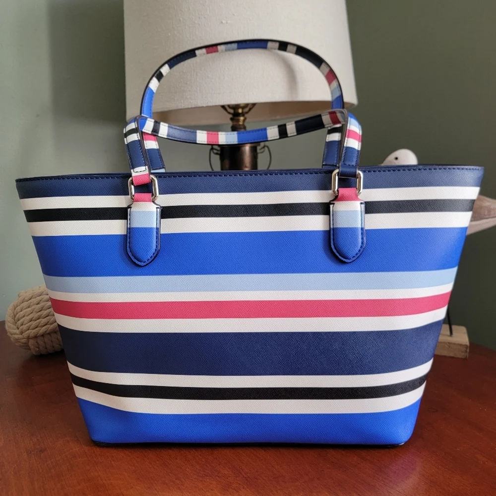 Kate Spade WKRU4294 Nautical Stripe Blue White Red PVC Tote Bag