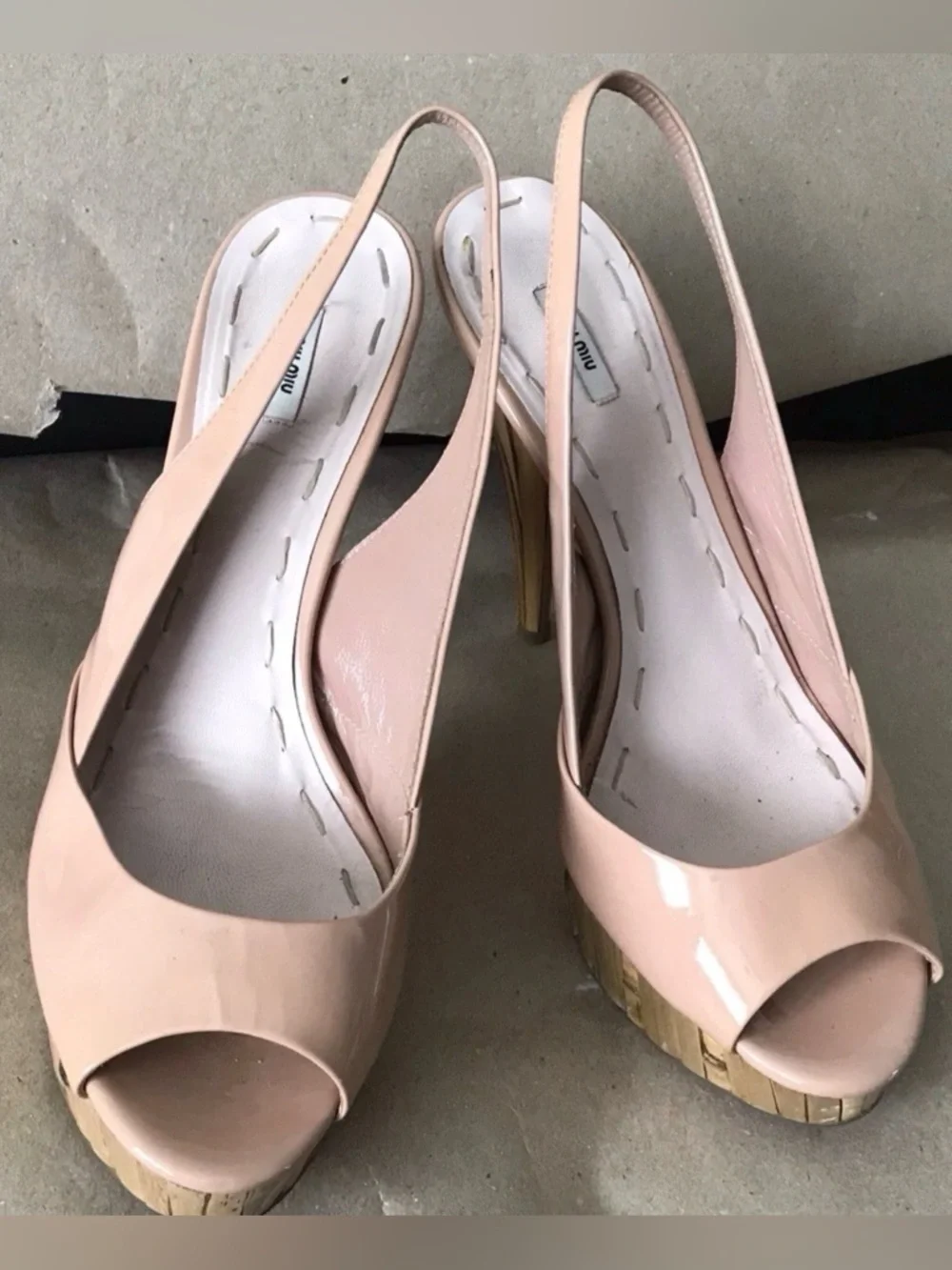 Miu Miu Blush Pink Patent Leather Peep-Toe Slingback Heels
