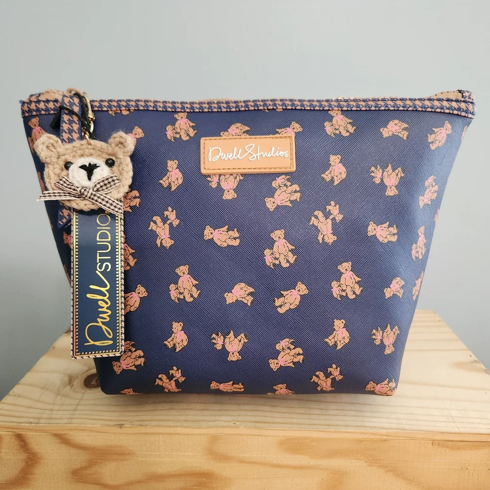 Dwell Studio Navy Teddy Print Cosmetic Zip Pouch NWT