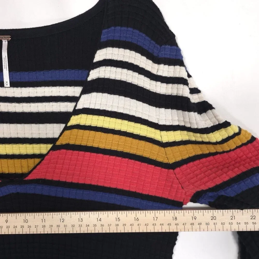 FREE‎ PEOPLE Black Striped Long Sleeve Gidget Sweater Mini Dress Ribbed MEDIUM