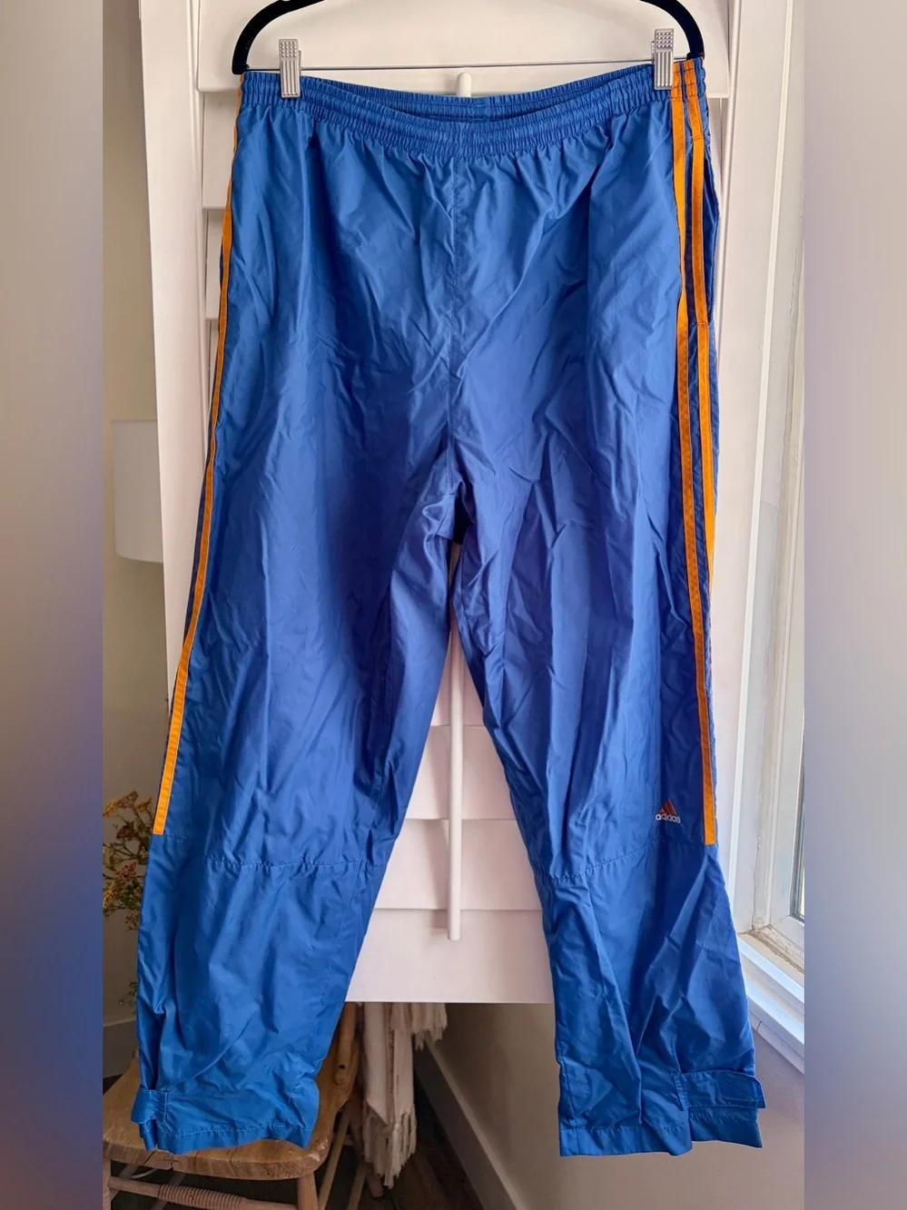 Vintage Adidas Windbreaker Blue Track Pants with Orange Side Stripes