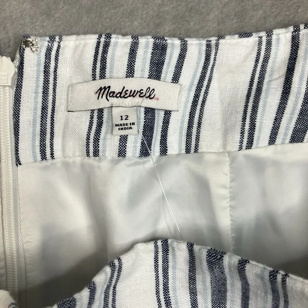 Madewell Linen Mini Skirt Coastal White Blue Striped Single Pleat Preppy WMNS 12
