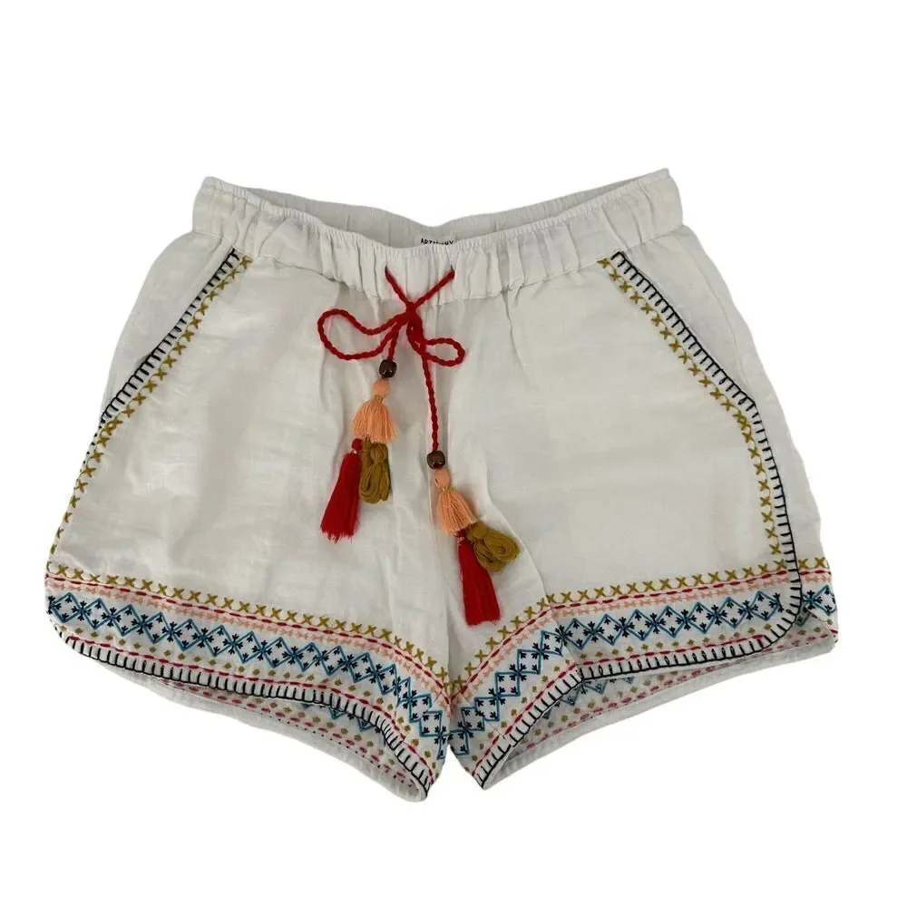 Artisan NY Linen Shorts White Embroidered Bohemian Tassel Size S Elastic Waist