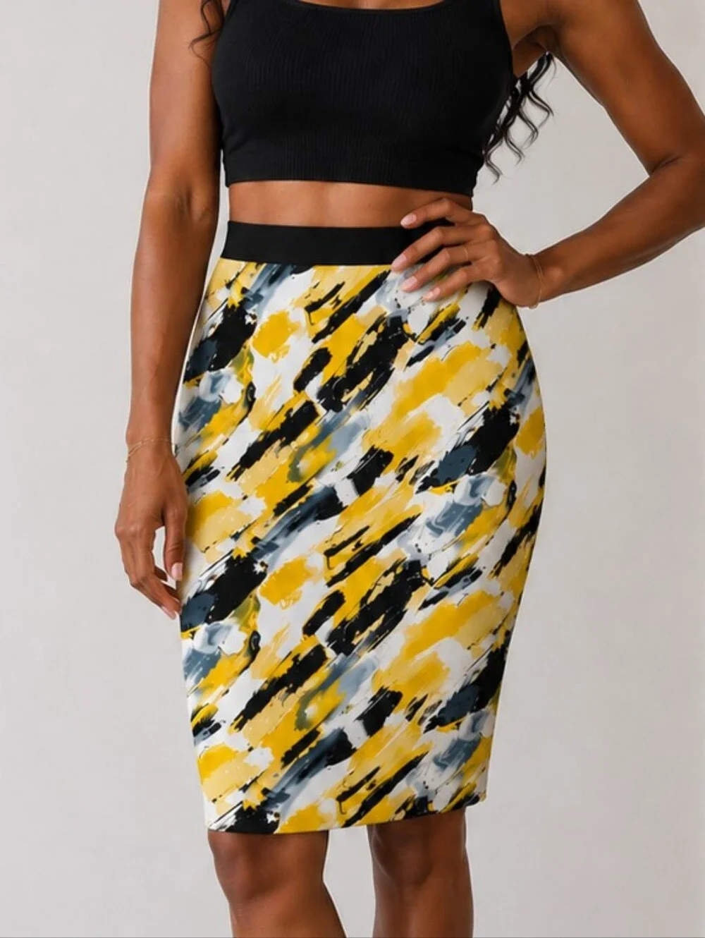 Arden B. Midi Abstract Yellow and Black Women's Skirt.‎ Lots of stretch! Size L.