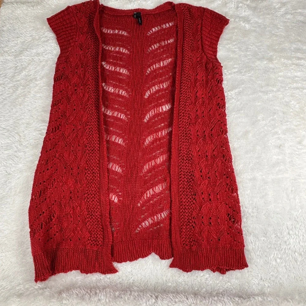 Maurices Red‎ Cardigan Boho Cottagecore Holiday Open Front Crochet Sleeveless  M