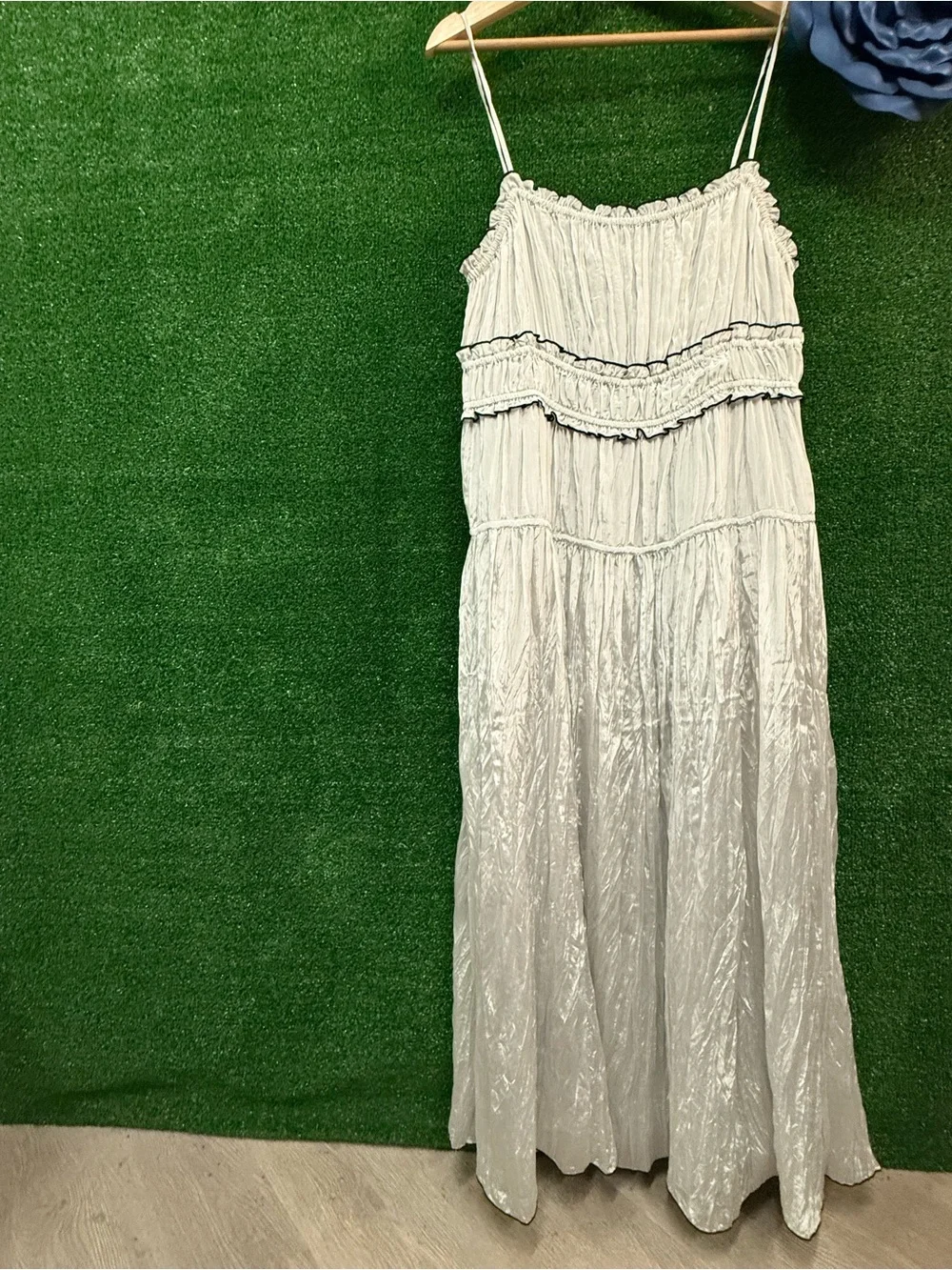 J Crew Silver Ruffle Long Maxi Dress Size XL Brand New
