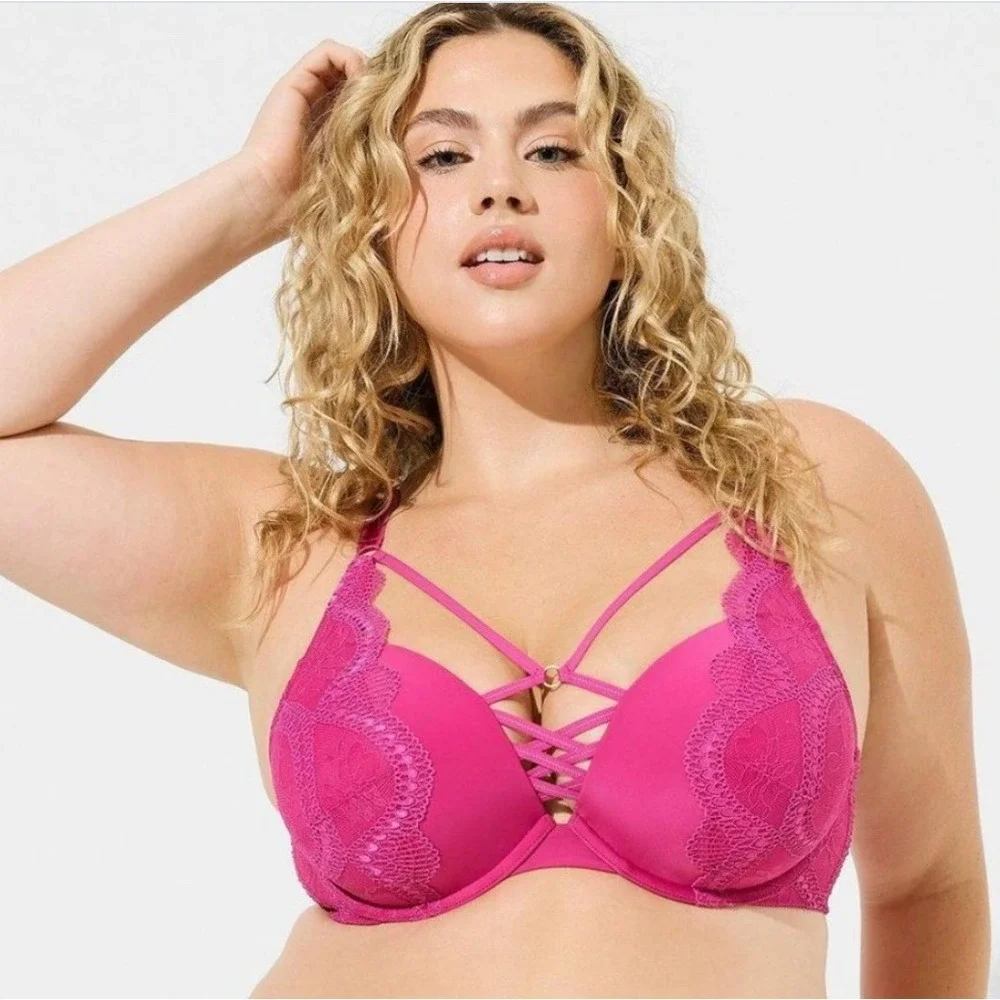 Torrid 44D Torrid XO Lace Push Up Plunge Bra Pink Strappy Lace