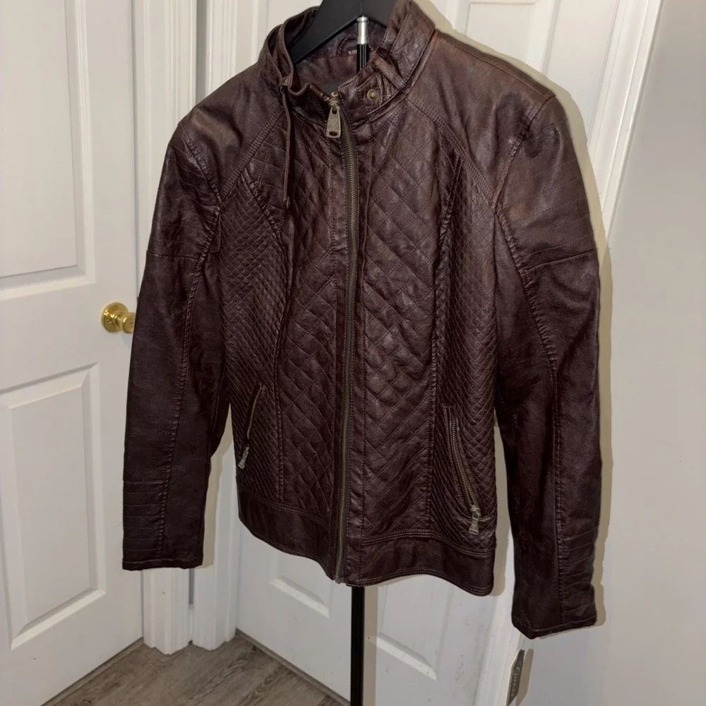GUESS Los Angeles Women's Faux Leather Moto Jacket Dark Brown Size‎ XL NWT Chic