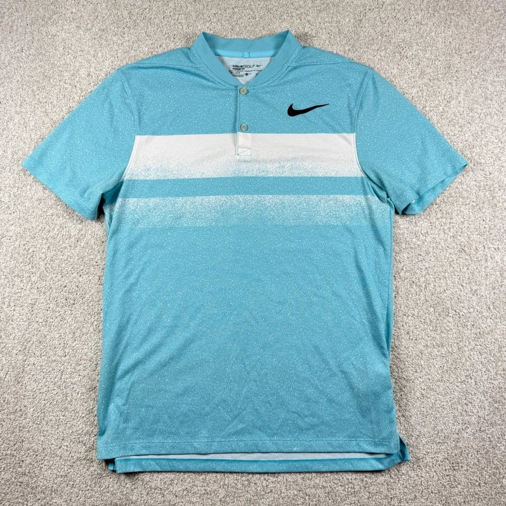 Nike Golf Polo Mens Medium Blue Dri-FIT Modern Fit Blade Collar‎ Stripe Shirt
