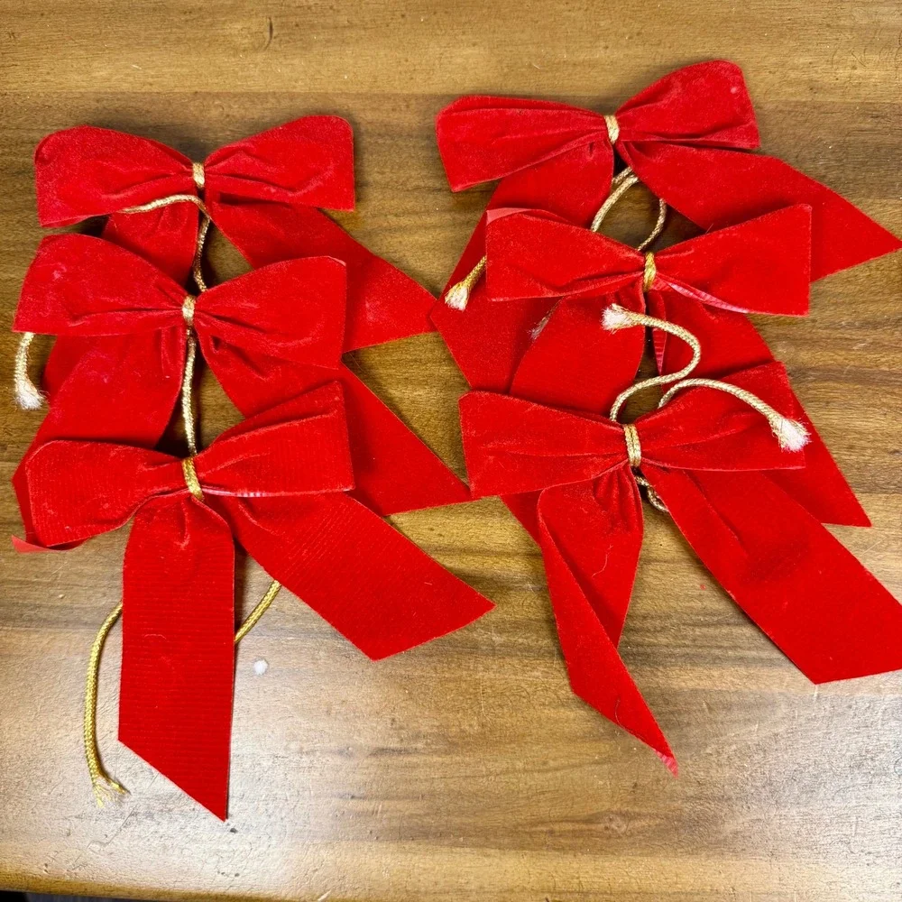 Vintage Christmas Bows Set 15 Red Velvet Striped Gold Cord Holiday Decor Accents
