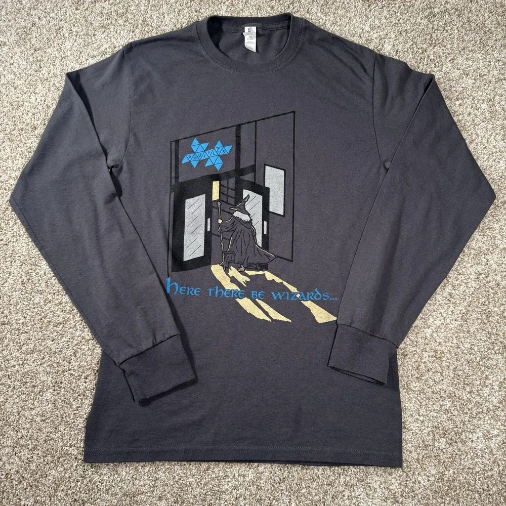 Here There Be Wizards Mens‎ Size S Dark Grey Long Sleeve Graphic T Shirt