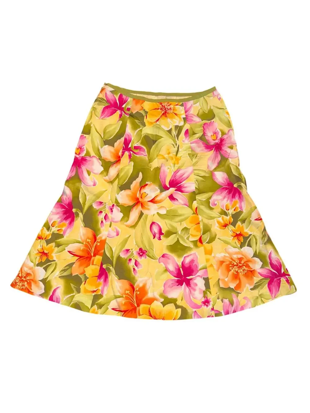 Talbots Floral Silk Cotton Midi A-Line Skirt‎ Yellow Pink Tropical Cottagecore 4
