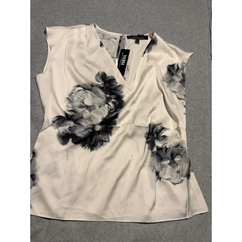 WHBM White House Black Market Floral Satin V-Neck Shell Top Ecru XS 570397747