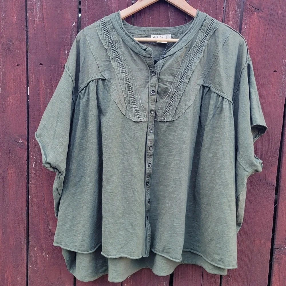 Torrid Festi Olivine Green Cotton Slub Raglan Dolman Sleeve 2X Boho Lagenlook