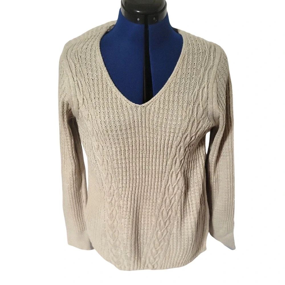 St Johns Bay Womens‎ Beige Metallic Cable Knit V-Neck Sweater Large L Shimmer
