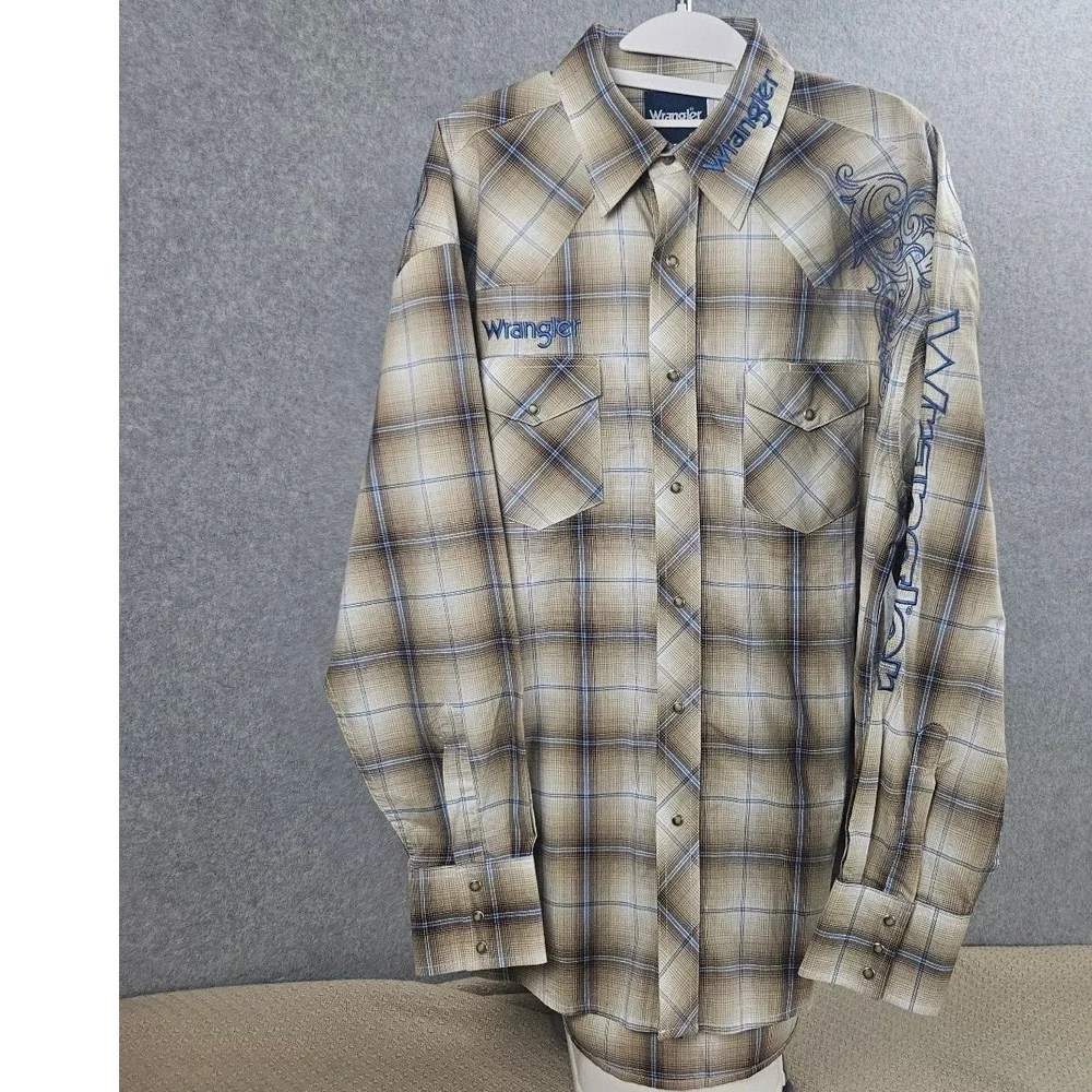 Wrangler Mens Plaid Western Pearl Snap Shirt Embroidered Rodeo Tan Blue L