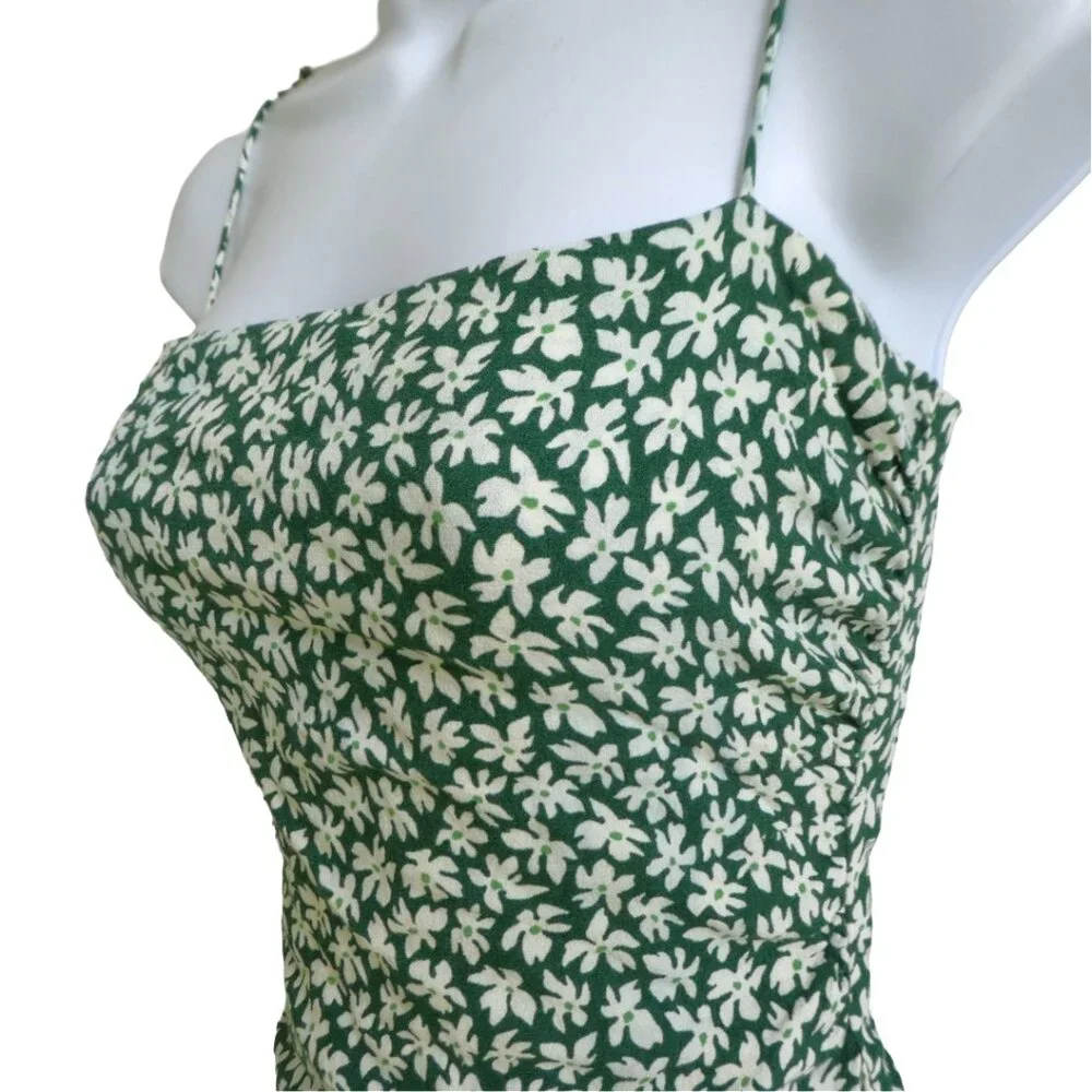 Reformation Floral Lupe Top Smocked Zipper Back Shoulder Ties Green White 2