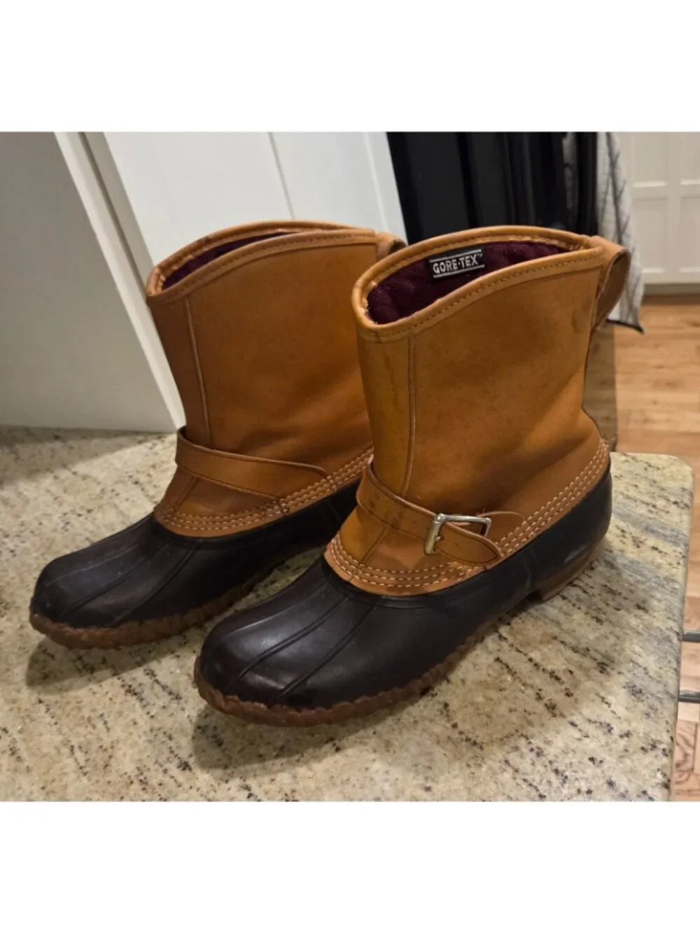 LL Bean Lounger Boots Mens 8 Brown Leather Rubber Duck Boots Buckle Strap Gortex