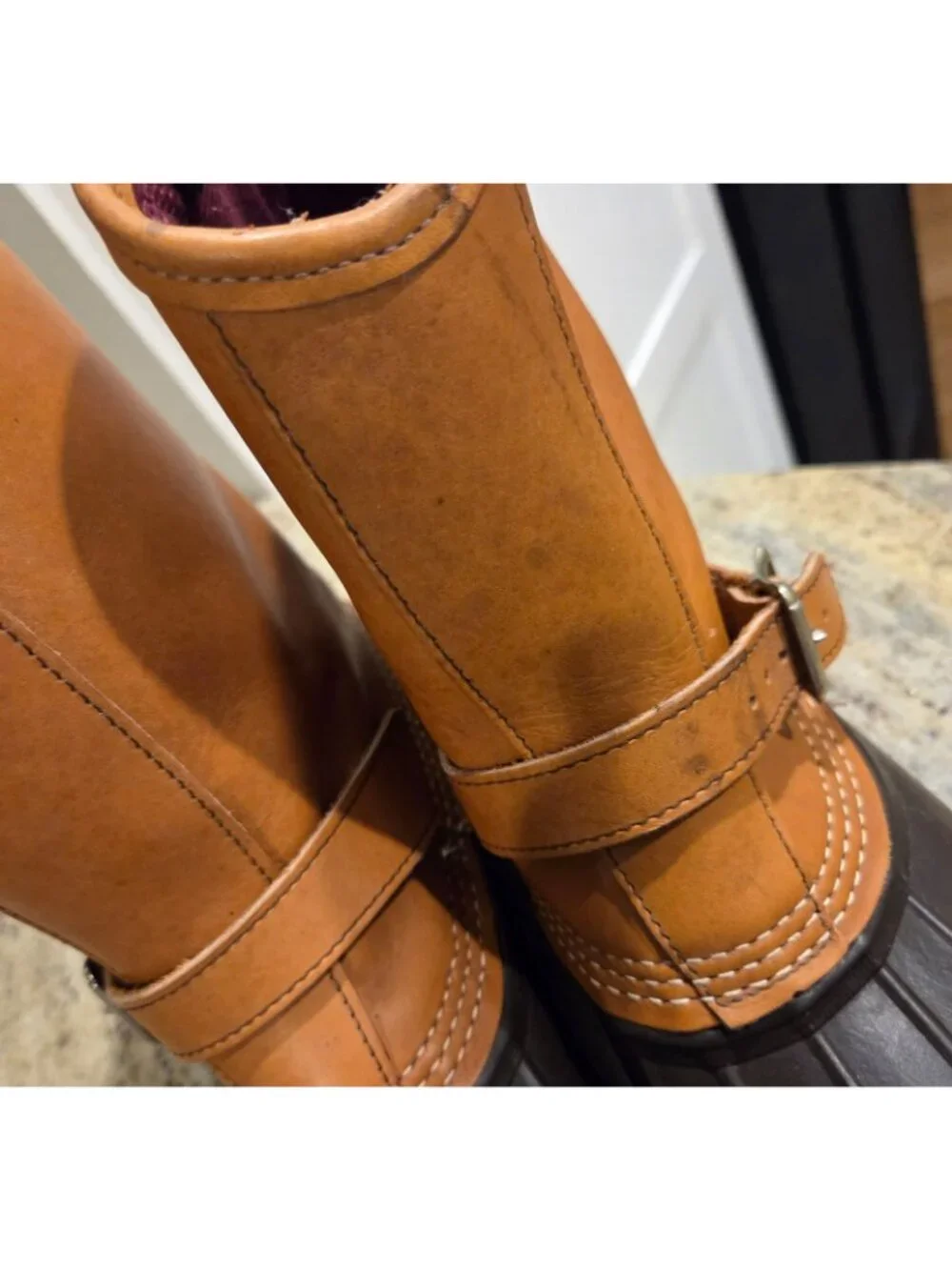 LL Bean Lounger Boots Mens 8 Brown Leather Rubber Duck Boots Buckle Strap Gortex