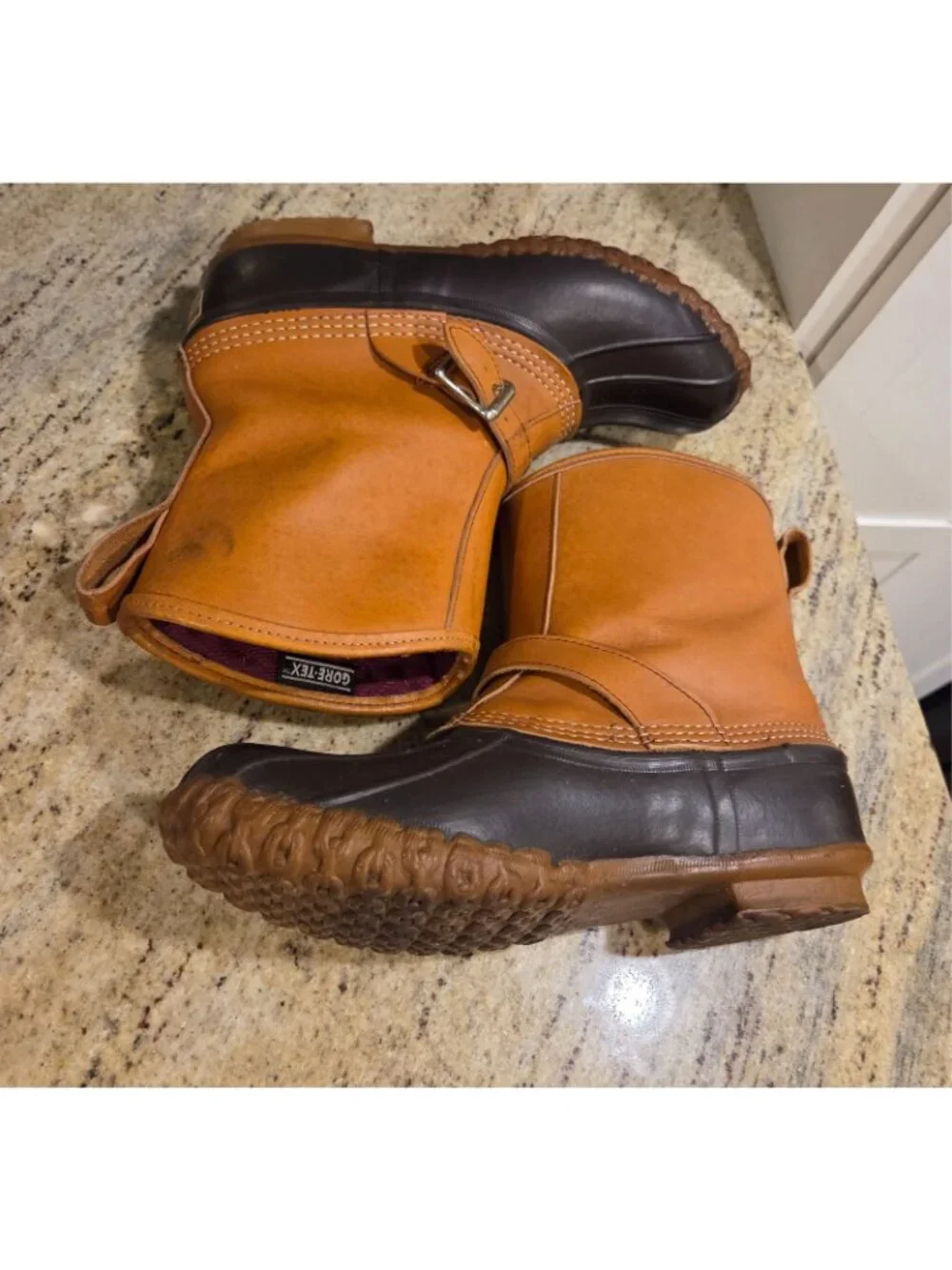 LL Bean Lounger Boots Mens 8 Brown Leather Rubber Duck Boots Buckle Strap Gortex