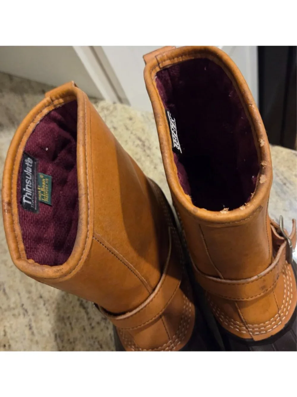 LL Bean Lounger Boots Mens 8 Brown Leather Rubber Duck Boots Buckle Strap Gortex