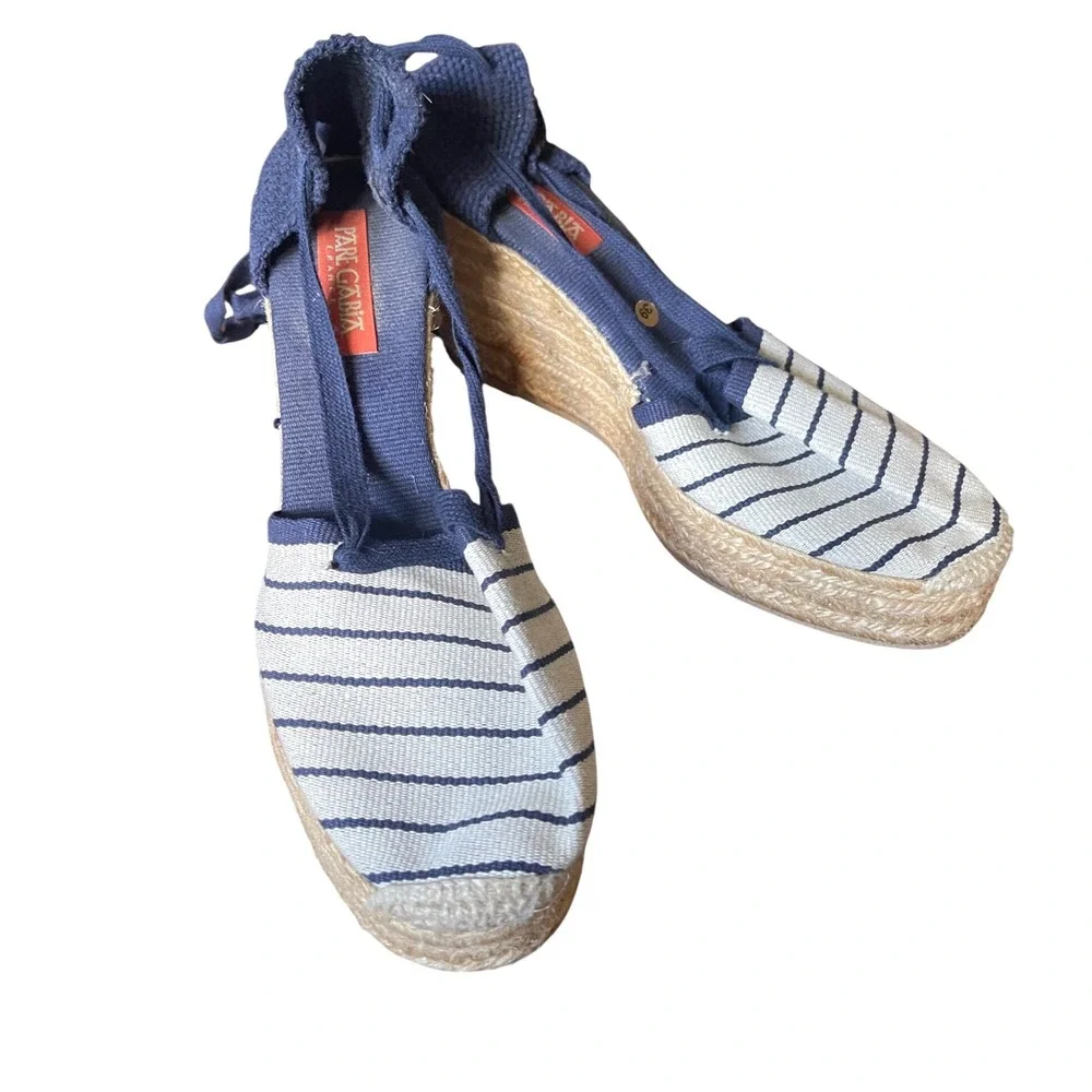 Pare Gabia France Blue White Stripe Lace Up Ankle Wedge Espadrilles Handmade 8.5