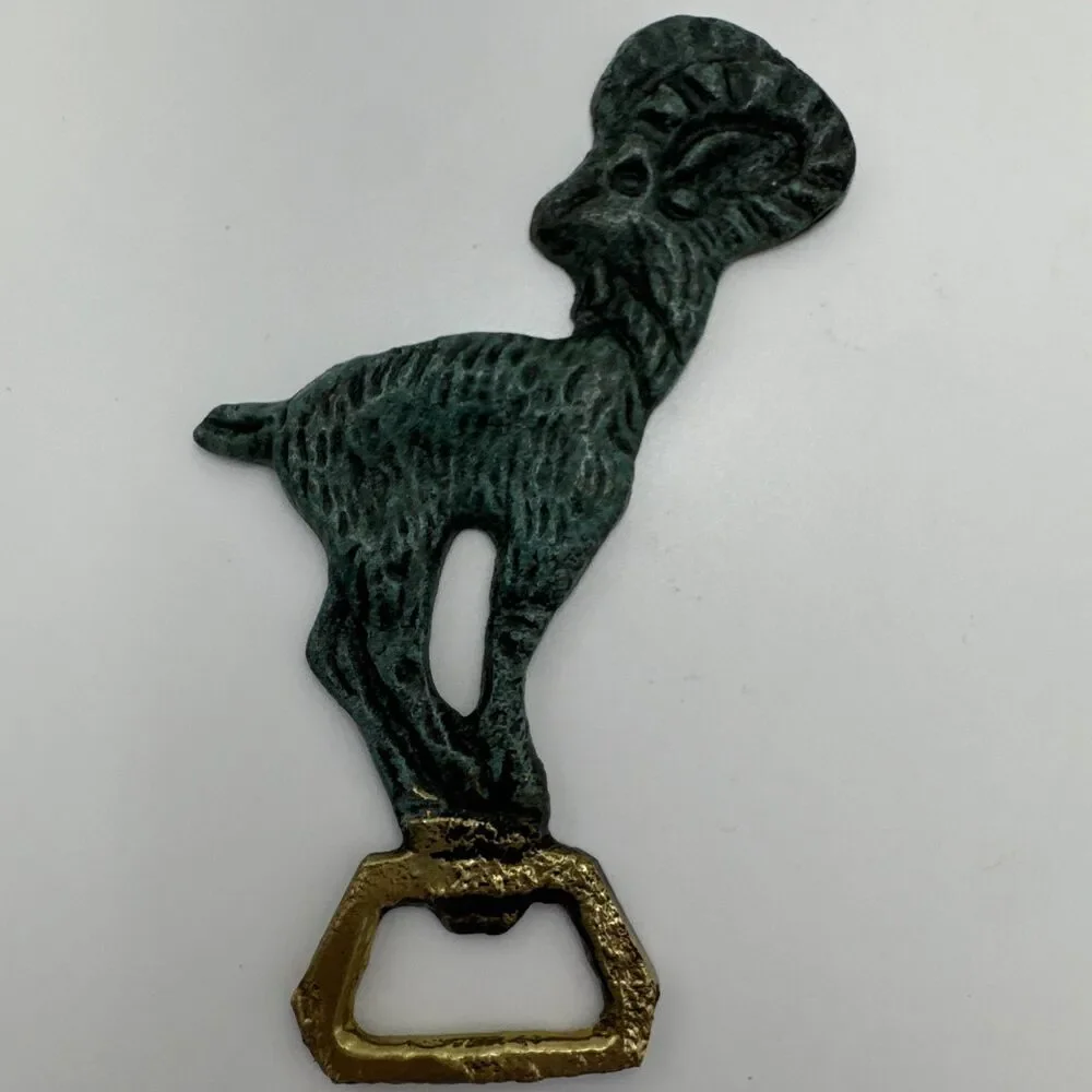 Vintage Brass / Green Ram Goat Bottle Opener VTG Capricorn Bottle Opener 4.75”