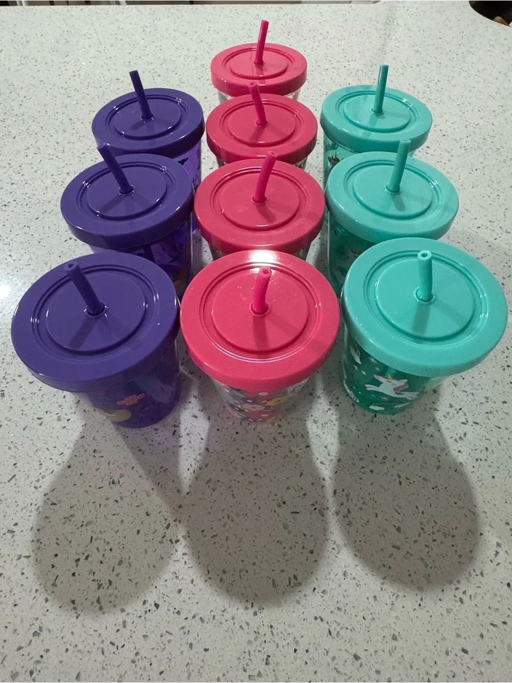 10 Colorful Reusable Party Tumbler Cups with Lids & Straws - Purple, Pink, Teal