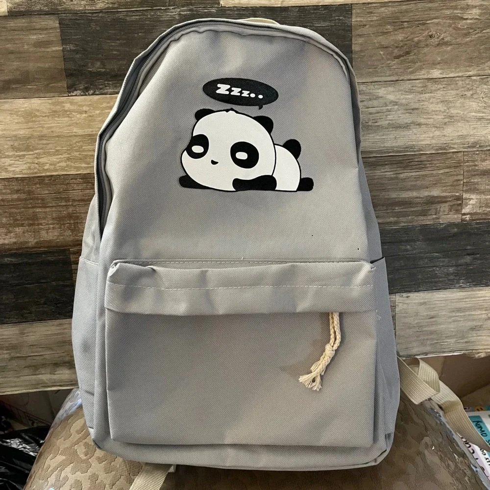 Grey Sleeping Panda Canvas Backpack School Travel Bag with Adjustable Straps